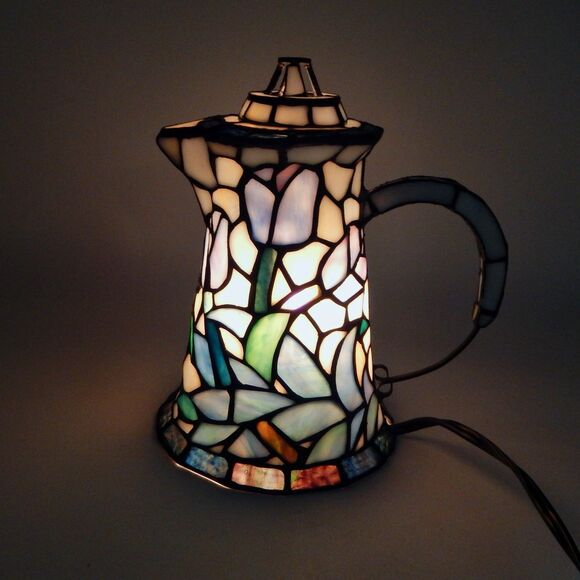 Stained Glass Coffee Tea Pot Accent Lamp Tulips 9 Inch Tiffany Style - Picture 3 of 11
